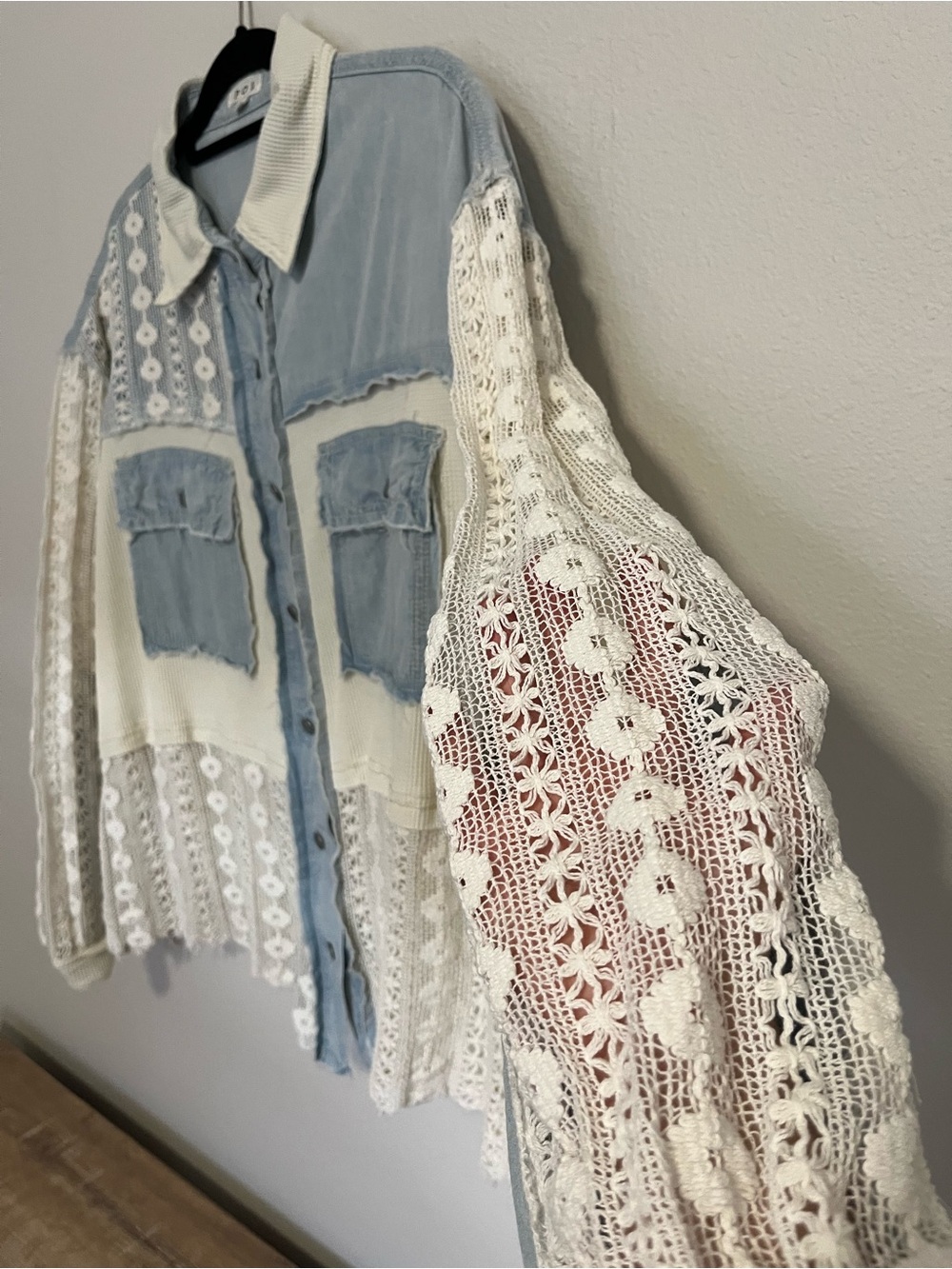 Pol Crochet, waffle knit, and chambray mixed top